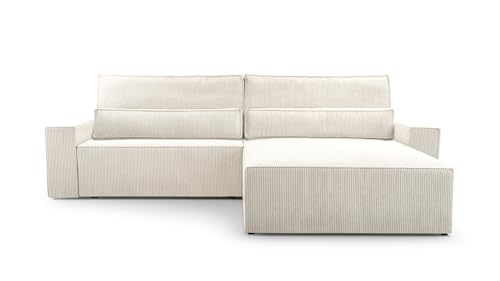 Ecksofa Cord mit Schlaffunktion und Bettkasten Ottomane beidseitig montierbar Couch für Wohnzimmer Schlafsofa Sofagarnitur Sofa Eckcouch L-Form Cordstoff 290x85x200cm Denver (Poso 38 Weiß) von mb-moebel