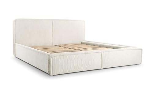 mb-moebel MOEBLO Polsterbett Bett 04 – Doppelbett mit Cord Bezug, Kopfstütze, gepolstertes Kopfteil, Rahmenbettgestell, Bettkasten und Lattenrost - (Creme, 180x200) von mb-moebel