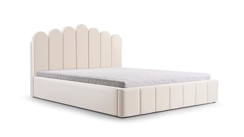 mb-moebel Polsterbett Bett mit Kopfstütze, Rahmenbettgestell, Bettkasten und Lattenrost Doppelbett Gepolsterter Kopfteil Samststoff Stauraumbett Bett 03-160x200 - Creame (Trinity 2) von mb-moebel