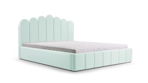 mb-moebel Polsterbett Bett mit Kopfstütze, Rahmenbettgestell, Bettkasten und Lattenrost Doppelbett Gepolsterter Kopfteil Samststoff Stauraumbett Bett 03-160x200 - Mint (Trinity 21) von mb-moebel