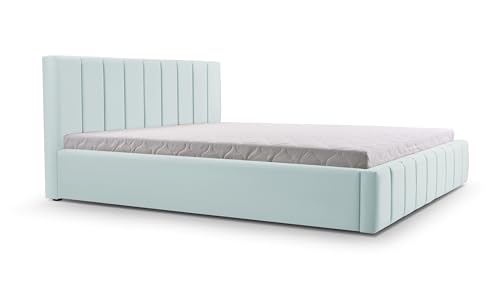 mb-moebel Polsterbett Bett mit Kopfstütze, Rahmenbettgestell, Bettkasten und Lattenrost Doppelbett Gepolsterter Kopfteil Samststoff Stauraumbett Bett 01-160x200 - Aqua (Trinity 22) von mb-moebel