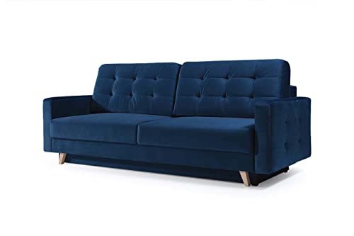 mb-moebel Schlafsofa Kippsofa Sofa Samt mit Schlaffunktion Klappsofa Bettfunktion mit Bettkasten Couchgarnitur Couch Sofagarnitur Schlafcouch 3 Sitzer Gästebett - 229x95x97 cm - Carla (Marineblau) von MEUBLO