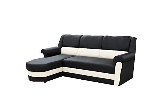 mb-moebel kleines Ecksofa Sofa Eckcouch Couch mit Schlaffunktion und Bettkasten Ottomane L-Form Schlafsofa Bettsofa Polstergarnitur Cannes (Schwarz + Weiß, Ecksofa Links) von MEUBLO