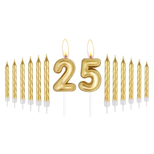 14-teiliges goldenes Zahlenkerzen-Set, goldene 25/52 Kerzen für Kuchen, Happy 25./52. Geburtstag, goldene Kerzen, Kuchendekoration für Frauen, Männer, Mädchen, Geburtstag, Party, Dekoration, von mciskin