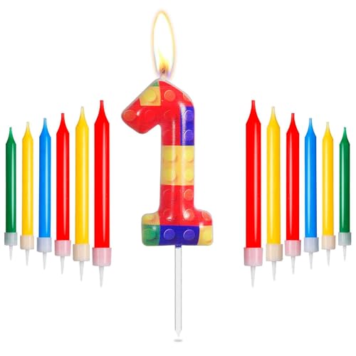 Bausteine Geburtstag Zahl 1 Kerzen, rot, gelb, grün, blau Kerzen für Kuchen, Pixel-Party-Kerzen, Baustein-Themen-Geburtstagskuchenkerzen für Jungen und Mädchen, 1. Geburtstag Dekorationen Supplies von mciskin