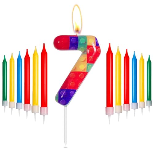 Bausteine Geburtstag Zahl 7 Kerzen, rot, gelb, grün, blau Kerzen für Kuchen, Pixel-Party-Kerzen, Baustein-Themen-Geburtstagskuchenkerzen für Jungen und Mädchen, 7. Geburtstag Dekorationen Supplies von mciskin