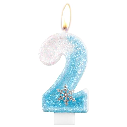 Geburtstagskerzen, glitzernde Zahlenkerze zum 2. Geburtstag, Schneeflocke, Zahl 2, Kerzen für Kuchen, blau-weiße Eiskönigin Kuchen-Kerzen, Toppers für Mädchen, Geburtstagsdekorationen, Partyzubehör von mciskin