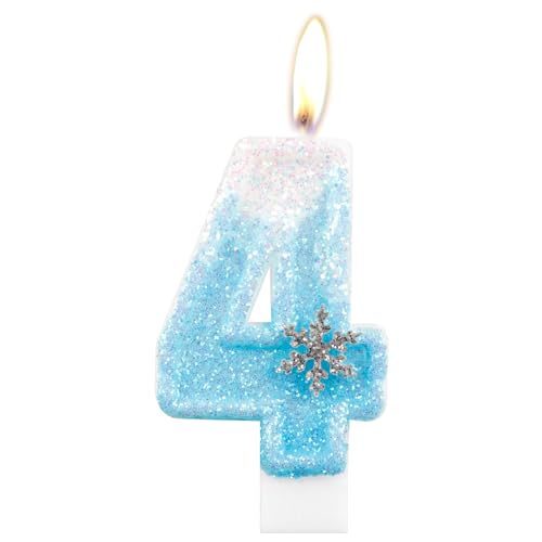 Geburtstagskerzen, glitzernde Zahlenkerze zum 4. Geburtstag, Schneeflocke, Zahl 4, Kerzen für Kuchen, blau-weiße Eiskönigin Kuchen-Kerzen, Toppers für Mädchen, Geburtstagsdekorationen, Partyzubehör von mciskin