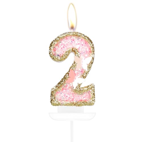 Happy 2nd Birthday Schmetterling Zahl Kerzen, Rosa Gold 2 Kerzen Kuchen Cupcake Topper für Kuchen Mädchen 2. Geburtstag Kuchen Dekorationen Schmetterling 2. Geburtstag Kerze Kuchen Topper für von mciskin