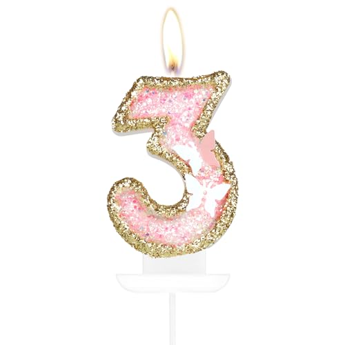 Happy 3rd Birthday Schmetterling Nummer 3 Kerzen, Rosa Gold Kerzen Kuchen Cupcake Topper für Kuchen, Mädchen 3. Geburtstag Kuchen Dekorationen, Schmetterling 3. Geburtstag Kerze Kuchen Topper für von mciskin