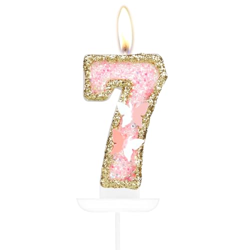 Happy 7th Birthday Schmetterling Nummer 7 Kerzen, Rosa Gold Kerzen Kuchen Cupcake Topper für Kuchen, Mädchen 7. Geburtstag Kuchen Dekorationen, Schmetterling 7. Geburtstag Kerze Kuchen Topper für von mciskin