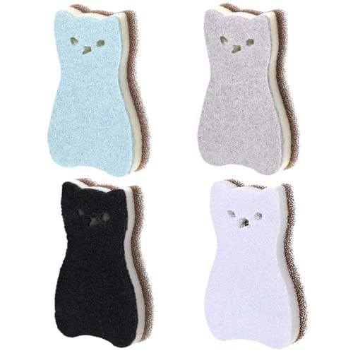 Katzenförmige Küchenschwämme,Kratzfest,strapazierfähig,Scheuerschwamm für Geschirr,Töpfe und Pfannen,doppelseitiger Reinigungsschwamm(4 Stück) von mciskin