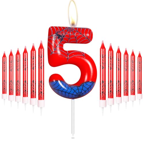 Personalisierte Happy 5th Birthday Kuchen Kerzen Set, Blau Rot Kerzen mit Spinnennetz, Spinne Nummer 5 Kerzen Kuchen Topper für Kuchen, Spinne Thema Party Kerzen für Jungen Mädchen 5. Geburtstag von mciskin