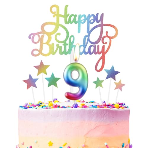 Regenbogen 9th Geburtstag Kerzen, Regenbogen Zahl 9 Kerze für Kuchen, Regenbogen Happy Birthday Kerze Kuchen Toppers, Bunte Kuchen Kerzen Kuchen Toppers für Mädchen Jungen 9th Geburtstag Dekorationen Regenbogen 9th Geburtstag Kerzen, Regenbogen Zahl 9 Kerze für Kuchen, Regenbogen Happy Birthday Kerze Kuchen Toppers, Bunte Kuchen Kerzen Kuchen Toppers für Mädchen Jungen 9th Geburtstag Dekorationen von mciskin