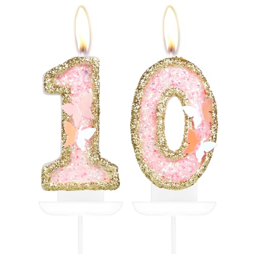 Schmetterling 10. Geburtstag Zahl 10 Kerzen, Rosa Gold Kerzen Kuchen Cupcake Topper für Kuchen, Mädchen 10. Geburtstag Kuchen Dekorationen, Schmetterling 10. Geburtstag Kerze Kuchen Topper für von mciskin