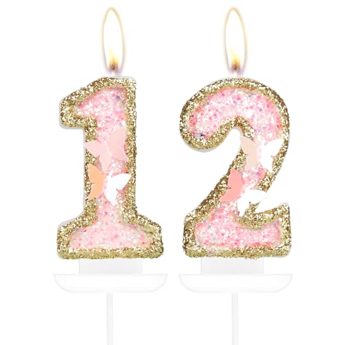 Schmetterling 12. Geburtstag Zahl Kerzen, Rosa Gold 12 Kerzen Kuchen Cupcake Topper für Kuchen, Mädchen 12. Geburtstag Kuchen Dekorationen, Schmetterling 12. Geburtstag Kerze Kuchen Topper für von mciskin