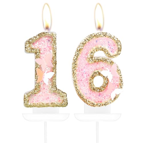 Schmetterling 16. Geburtstag Nummer 16 Kerzen, Rosa Gold Kerzen Kuchen Cupcake Topper für Kuchen, Mädchen 16. Geburtstag Kuchen Dekorationen, Schmetterling 16. Geburtstag Kerze Kuchen Topper für von mciskin