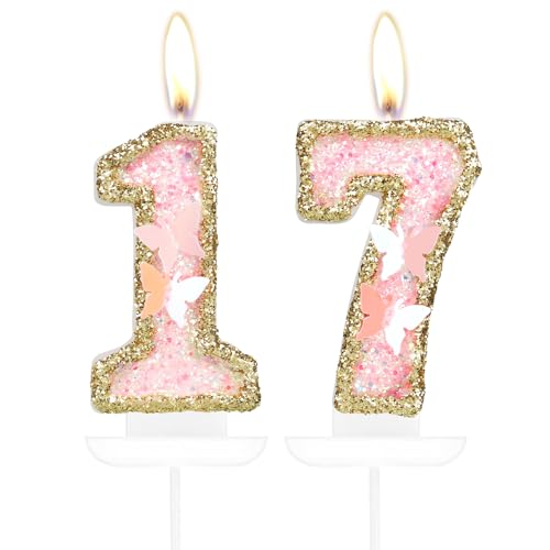 Schmetterling Zahl 17 Kerzen, Rosa Gold Happy 17th Birthday Kerzen für Kuchen, Mädchen 17 Geburtstag Kuchen Dekorationen, Schmetterling 17 Cake Topper, Gold Rosa Kuchen Kerzen Kuchen Topper für Frauen von mciskin