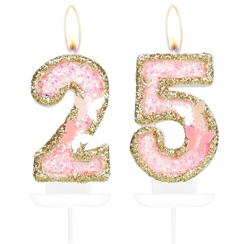 Schmetterling Zahl 25 Kerzen, Rosa Gold Happy 25th Birthday Kerzen für Kuchen Mädchen 25 Geburtstag Kuchen Dekorationen Gold Schmetterling 25 Cake Topper Rosa Kuchen Kerzen Kuchen Topper für Frauen von mciskin