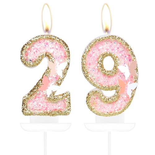 Schmetterling Zahl 29 Kerzen, Rosa Gold Happy 29th Birthday Kerzen für Kuchen, Mädchen 29 Geburtstag Kuchen Dekorationen, Gold Schmetterling 29 Cake Topper, Rosa Kuchen Kerzen Cake Topper für Frauen von mciskin