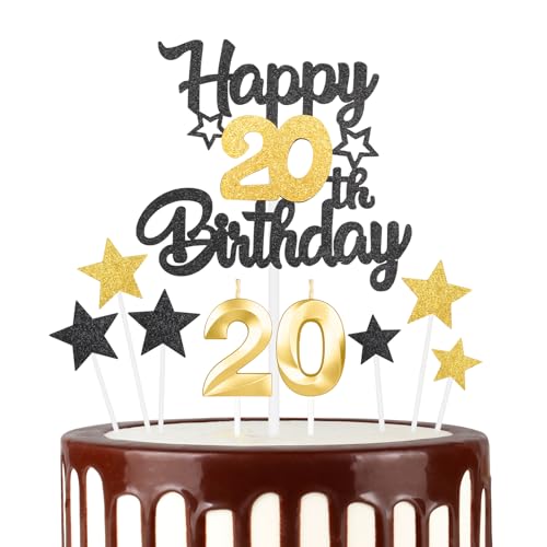 Schwarzgoldenes 20th Geburtstagskerzen Kuchenaufsatz Set, 3D Golden Zahl 20 Kerze für Kuchen, Mädchen Jungen 20th Geburtstag Dekorationen, Schwarzgoldenes Geburtstagsdekorationen für Mädchen Jungen Schwarzgoldenes 20th Geburtstagskerzen Kuchenaufsatz Set, 3D Golden Zahl 20 Kerze für Kuchen, Mädchen Jungen 20th Geburtstag Dekorationen, Schwarzgoldenes Geburtstagsdekorationen für Mädchen Jungen von mciskin
