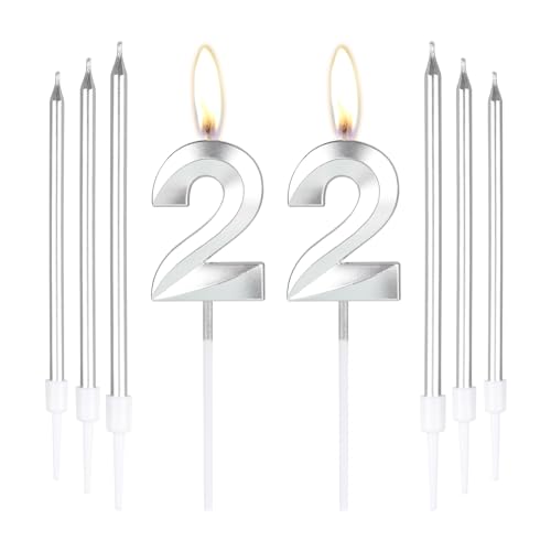Silber 22. Geburtstag Kuchen Kerzen, Zahl 22 Kerzen mit 6 Stück langen Kerzen, Partykerzen für Kuchen, Silberkerzen, Tortenaufsätze für Jungen, Mädchen, Männer, Frauen, 22. Geburtstag, Dekoration von mciskin