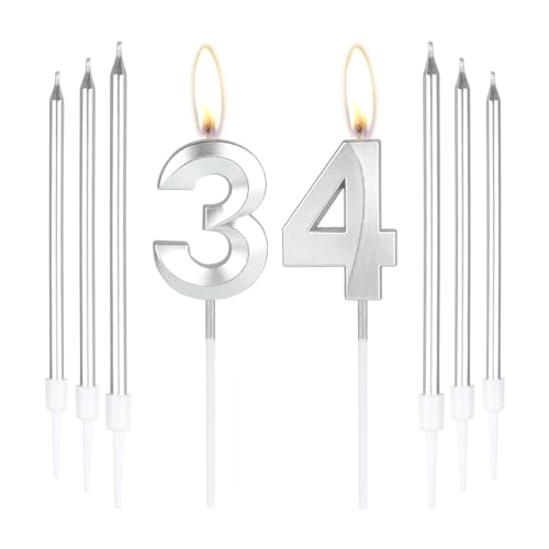 Silberne Kerzen zum 33. Geburtstag, Zahl 33 Kerzen mit 6 langen Kerzen, Party-Kerzen für Kuchen, silberne Kerzen, Kuchenaufsätze für Jungen, Mädchen, Männer, Frauen, 34. Geburtstag, Dekoration, von mciskin