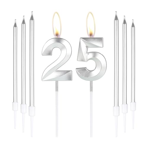 Silberne Kuchen-Kerzen zum 25. Geburtstag, Zahl 25 Kerzen mit 6 langen Kerzen, Party-Kerzen für Kuchen, silberne Kerzen, Kuchenaufsätze für Jungen, Mädchen, Männer, Frauen, 25. Geburtstag, Dekoration von mciskin