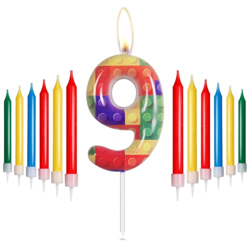 mciskin Bausteine Geburtstag Zahl 9 Kerzen, Rot, Gelb, Grün, Blau Kerzen für Kuchen, Pixel Party Kerzen, Baustein-Themed Geburtstag Kuchen Kerzen für Jungen Mädchen 9. Geburtstag Dekorationen Supplies von mciskin