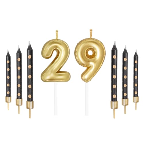 mciskin Gold 29 Zahlenkerzen mit Gold Schwarz Lange Stabkerzen Set, Mädchen Happy Birthday Kerzen für Kuchen, Gold Kuchen Kerzen Kuchen Topper für Frauen Männer 29 Geburtstag Dekorationen Hochzeitstag von mciskin