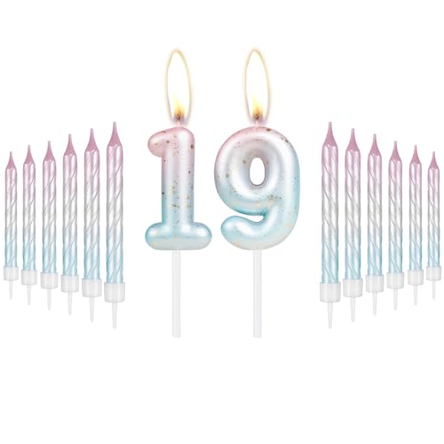 mciskin Kerzen-Set "Happy 19th Birthday" mit rosafarbener und blauer Spiralkerze für Kuchen, bunter Kuchenaufsatz für Mädchen und Jungen, Geburtstagsparty, rosa und blau, Zahl 19, Kerze für Frauen, von mciskin