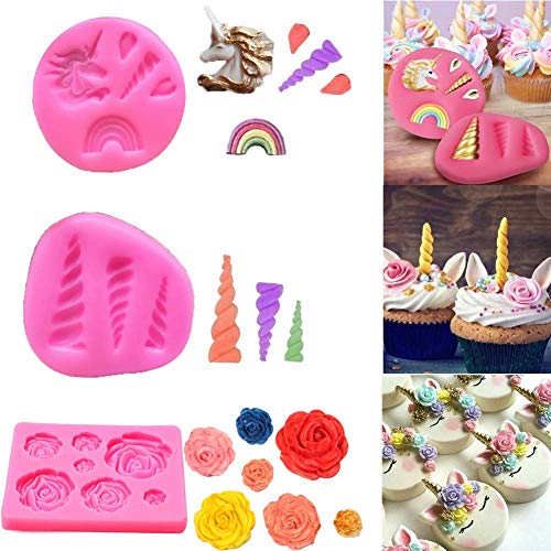 mciskin Kuchendekoration Mini Einhorn Form DIY Kuchen dekorieren Einhorn Hörner Ohren Blumen Einhorn Cupcake Silikon Formen,Cupcake Toppers Fondant Schokoladenform für Einhorn Theme Party（3 Stück von mciskin