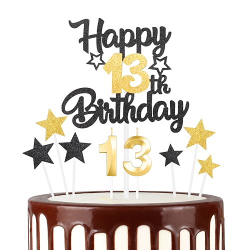 mciskin Schwarzgoldenes 13. Geburtstagskerzen-Kuchenaufsatz-Set, Zahl 13-Kerze für Kuchen, goldene Kerzen für Frauen und Männer, Geburtstagsdekorationen, Stern-Kuchenaufsatz für Mädchen, Jungen, Gebur von mciskin