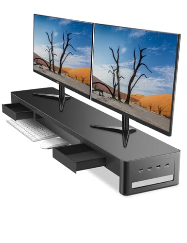 meatanty Dual-Monitorständer mit 2 Schubladen und 4 USB-Anschlüssen, Metall-Monitorständer für 2 Monitore, unterstützt Datenübertragung und Aufladen, Schreibtisch-Organizer für PC, iMac (98,3 cm) von meatanty