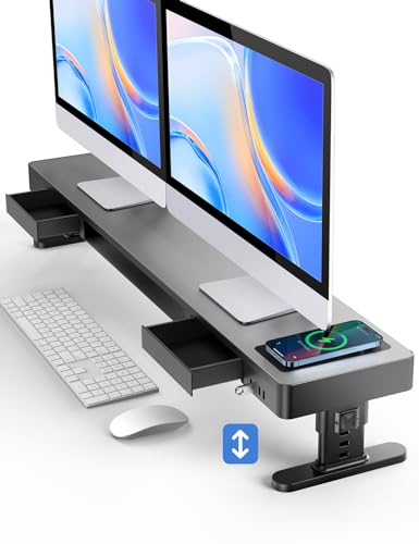 meatanty Dual-Monitorständer mit 4 einstellbaren Höhen, kabelloses Ladepad, 4 USB-Anschlüsse, Computer-Erhöhung mit Schubladen, Metall-Doppel-Schreibtisch-Organizer, Lifer-Erhöhung für 2 Monitore, von meatanty