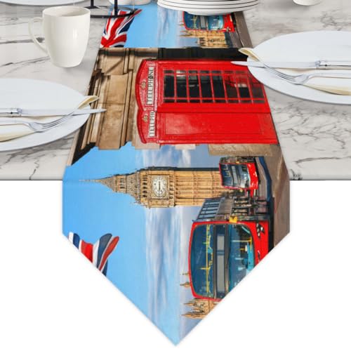 Vintage England London Bigben Tischläufer 33 x 152 cm, saisonale Herbst-Tischläufer, Küche, Esstisch, Dekoration für drinnen und draußen, Zuhause, Party-Dekoration von meathur