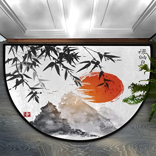 meathur Japanische Bambus-Tintenmalerei halbrunde Fußmatte für drinnen und draußen, rutschfest, saugfähig, halbrund, Fußmatten für Zuhause, Küche, Terrasse, 91,4 x 61 cm von meathur