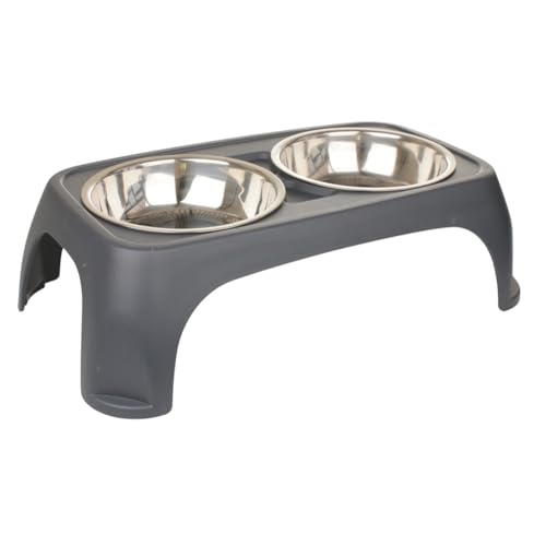 Meberg PF15435 Erhöhter Futternapf Antrhazit Hund Katze 2 Edelstahlnäpfe rutschfest Napfset 36 x 18 x 10,2 cm Haustier Napfstation Kunststoff Doppelnapf für Wasser Futter Grau (Anthrazit) von meberg