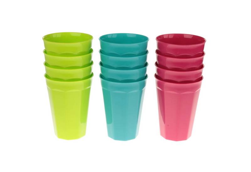 meberg Mehrwegbecher Kunststoffbecher 12er Set bunt Ø 8 cm 0,3 L Kunststoff Kunststoffglas, (Becher Saftglas Saftbecher Wasserbecher, 12-tlg., 12x becher), BPA frei Mehrweg Glas Trinkbecher Trinkglas bruchsicher von meberg