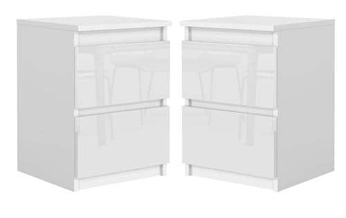 meble kaszczyszyn Weiß Nachtschrank 2er Set mit Schubladen B:40 cm - Hochglanz-Fronten Moderner Nachttisch für Schlafzimmer, Wohnzimmer - Beistelltisch, Kleiner Schrank - Nachtkommode von meble kaszczyszyn