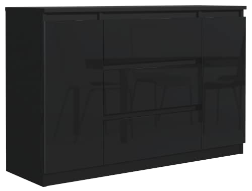 meble masztalerz Kommode Schwarz Hochglanz mit 3 Schubladen und 2 Türen 120 cm, Sideboard Wohnzimmer, Schlafzimmer H: 78,2 cm, B: 120,4 cm, T: 39 cm Kommode mit Schubladen, Schubladenschrank von meble masztalerz