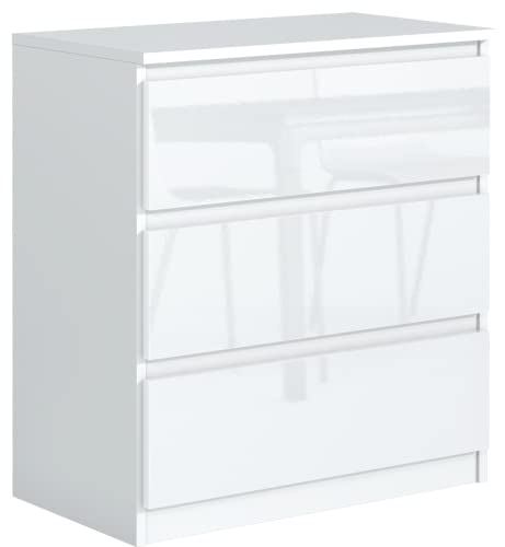 meble masztalerz Kommode Weiss Hochglanz mit 3 Schubladen 70 cm, Sideboard Wohnzimmer, Kommode Schlafzimmer H: 78,5 cm, B: 70 cm, T: 39 cm Kommode mit Schubladen, Schubladenschrank von meble masztalerz