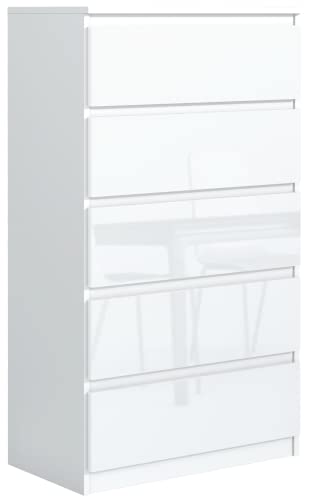 meble masztalerz Kommode Weiss Hochglanz mit 5 Schubladen 70 cm, Sideboard Wohnzimmer, Kommode Schlafzimmer H: 125 cm, B: 70,4 cm, T: 39 cm Kommode mit Schubladen, Schubladenschrank von meble masztalerz