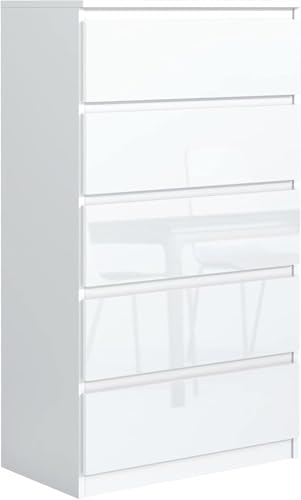 meble masztalerz Kommode Matt mit 5 Schubladen 70 cm, Sideboard Wohnzimmer, Kommode Schlafzimmer H: 124,5 cm, B: 70 cm, T: 39 cm Kommode mit Schubladen, Schubladenschrank (Weiss Hochglanz) von meble masztalerz