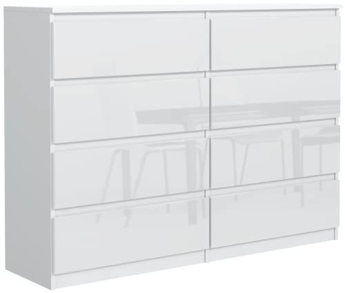 meble masztalerz Kommode Weiss Hochglanz mit 8 Schubladen 120 cm, Sideboard Wohnzimmer, Kommode Schlafzimmer H: 101,5 cm, B: 120,4 cm, T: 39 cm Kommode mit Schubladen, Schubladenschrank von meble masztalerz