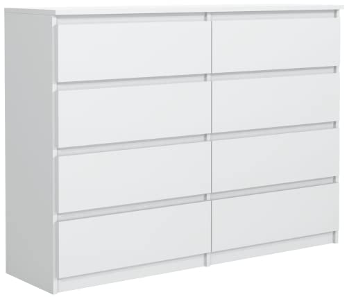 meble masztalerz Kommode Weiss Matt mit 8 Schubladen 140 cm, Sideboard Wohnzimmer, Kommode Schlafzimmer H: 101,5 cm, B: 138,5 cm, T: 39 cm Kommode mit Schubladen, Schubladenschrank von meble masztalerz