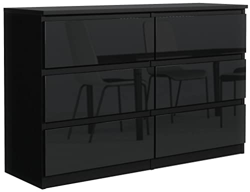 meble masztalerz Kommode 120 cm Schwarz mit Hochglanz-Fronten mit 6 Schubladen - 120 x 78,5 x 39 cm - Sideboard Wohnzimmer, Schlafzimmer - Schubladenschrank - Komodenschrank von meble masztalerz