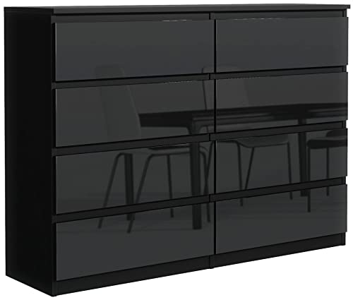meble masztalerz Kommode 120 cm Schwarz mit Hochglanz-Fronten mit 8 Schubladen - 120 x 101,5 x 39 cm - Sideboard Wohnzimmer, Schlafzimmer - Schubladenschrank - Komodenschrank von meble masztalerz