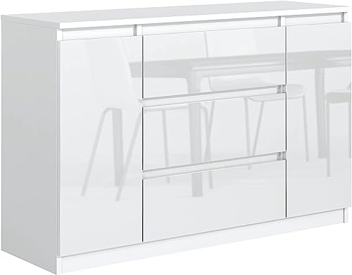 meble masztalerz Kommode 120 cm Weiss mit Hochglanz-Fronten mit 3 Schubladen und 2 Türen - 120,4 x 78,2 x 39 cm - Sideboard Wohnzimmer, Schlafzimmer - Schubladenschrank - Komodenschrank von meble masztalerz