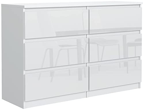 meble masztalerz Kommode 120 cm Weiss mit Hochglanz-Fronten mit 6 Schubladen - 120 x 78,5 x 39 cm - Sideboard Wohnzimmer, Schlafzimmer - Schubladenschrank - Komodenschrank von meble masztalerz